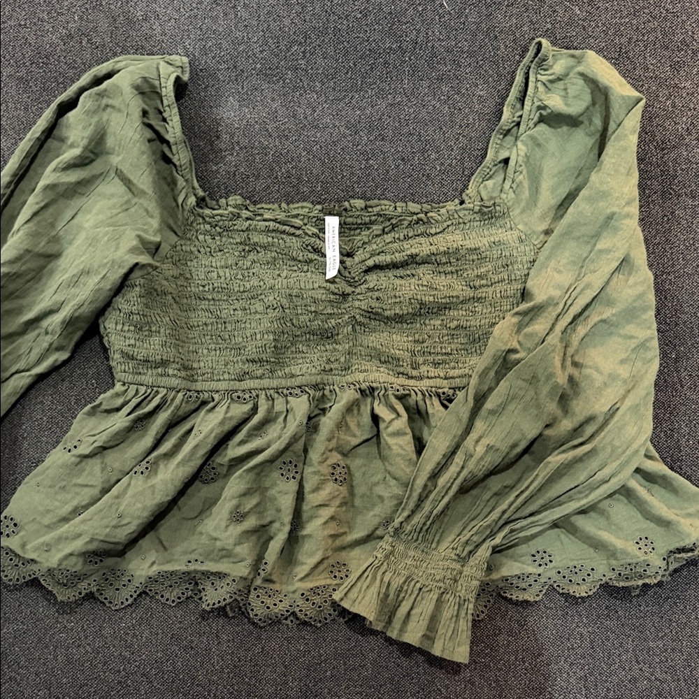 American Eagle Outfitters Olive Smocked Blouse